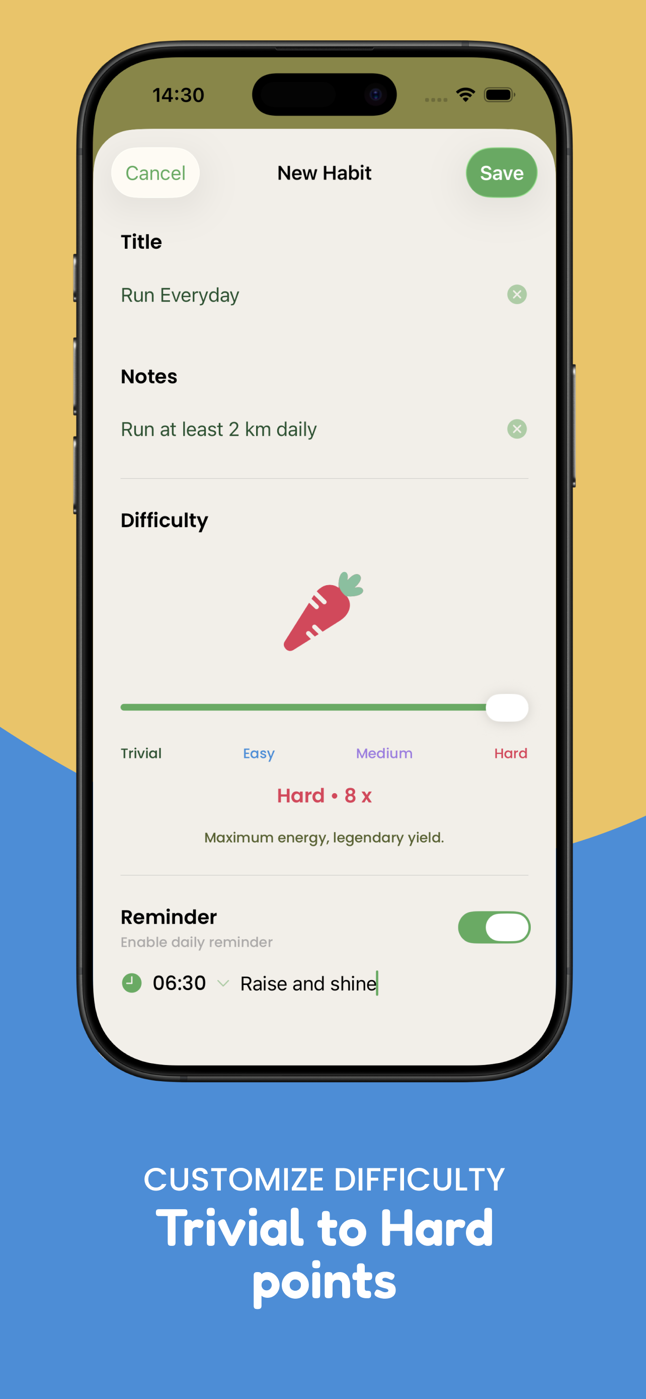 Habitanics new habit screen — set difficulty from trivial to hard