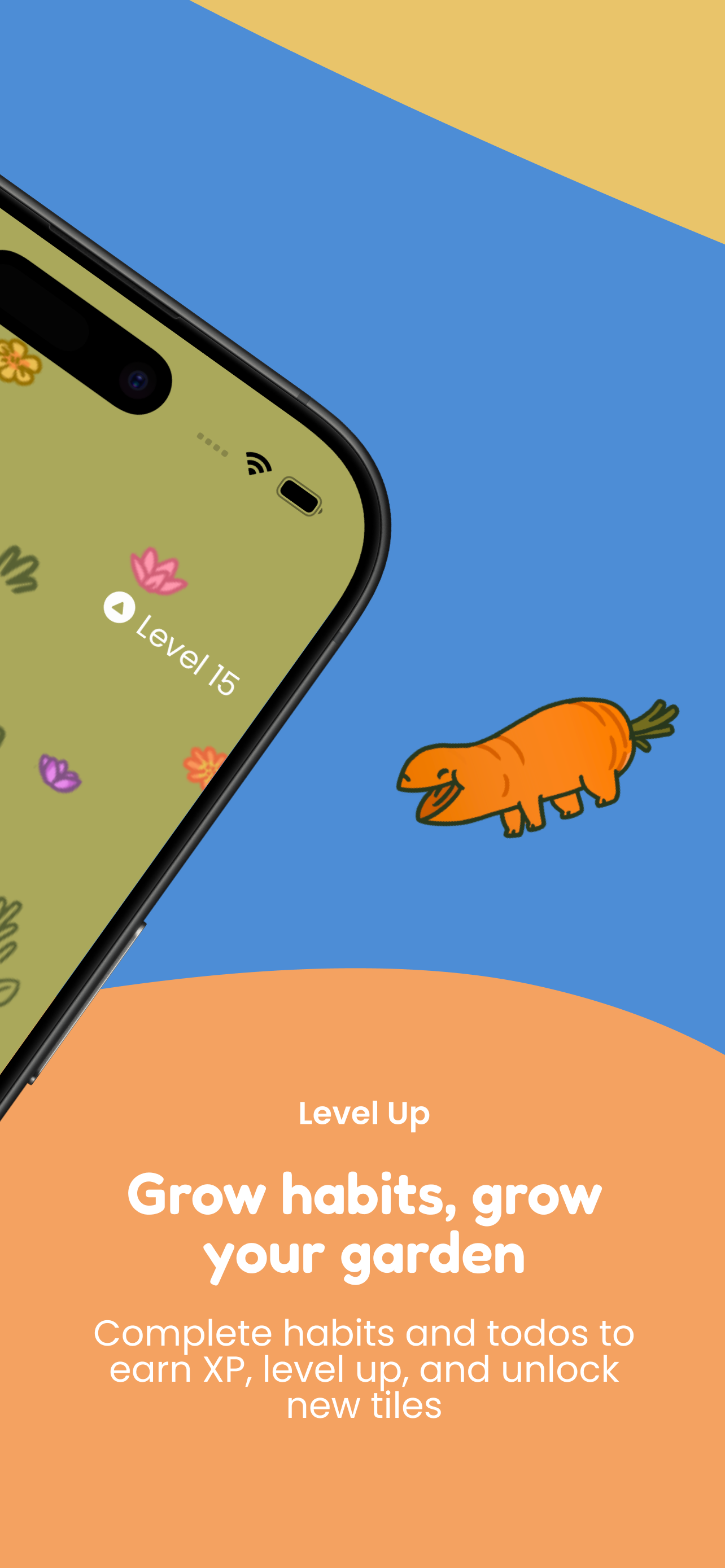 Habitanics level up screen — earn XP and unlock garden tiles