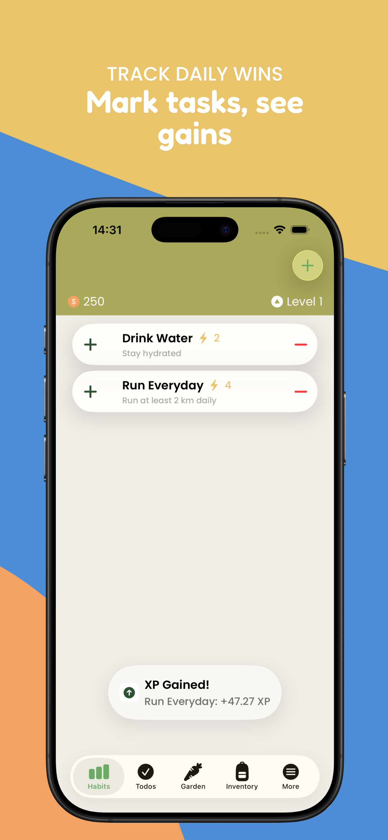 Habitanics habits list — mark tasks and see XP gains