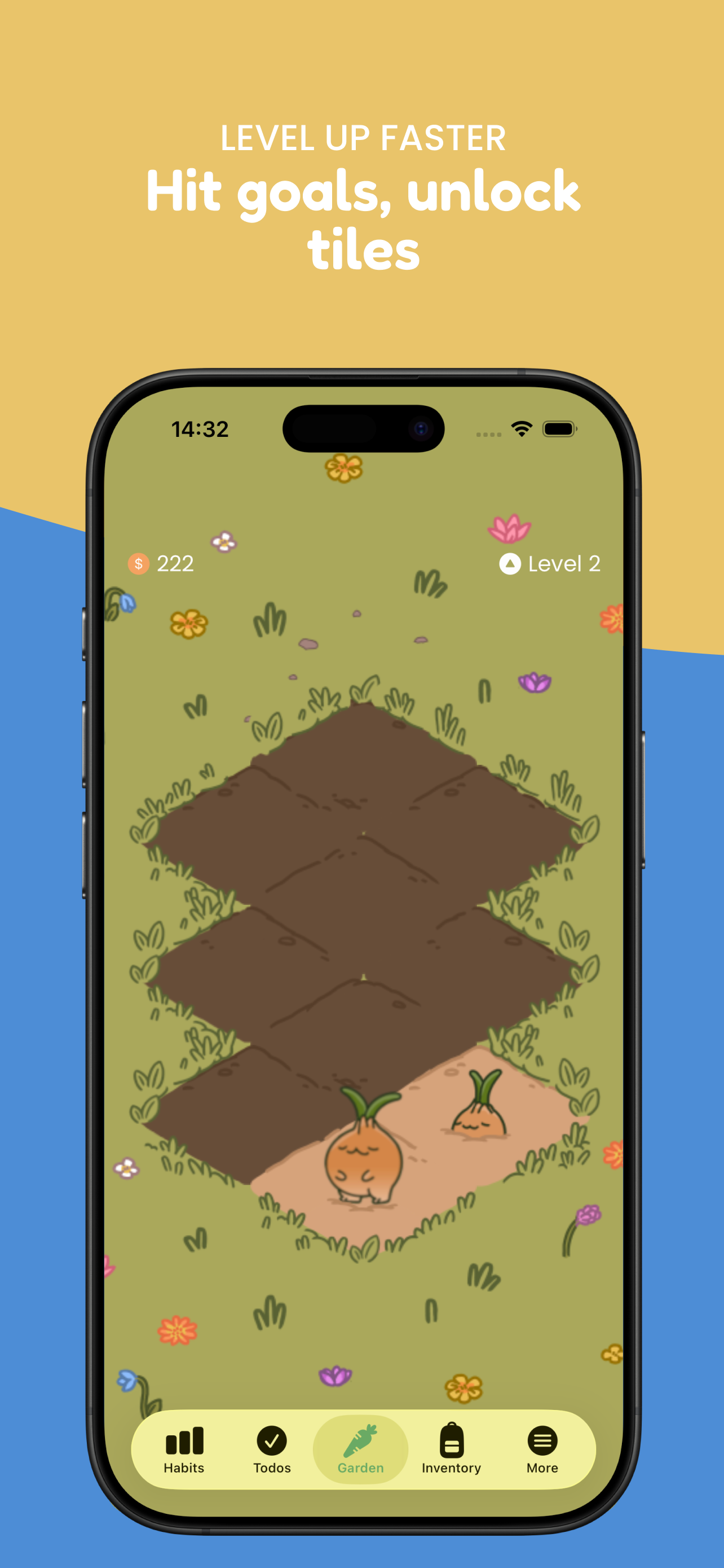 Habitanics garden unlock screen — hit goals to unlock new tiles