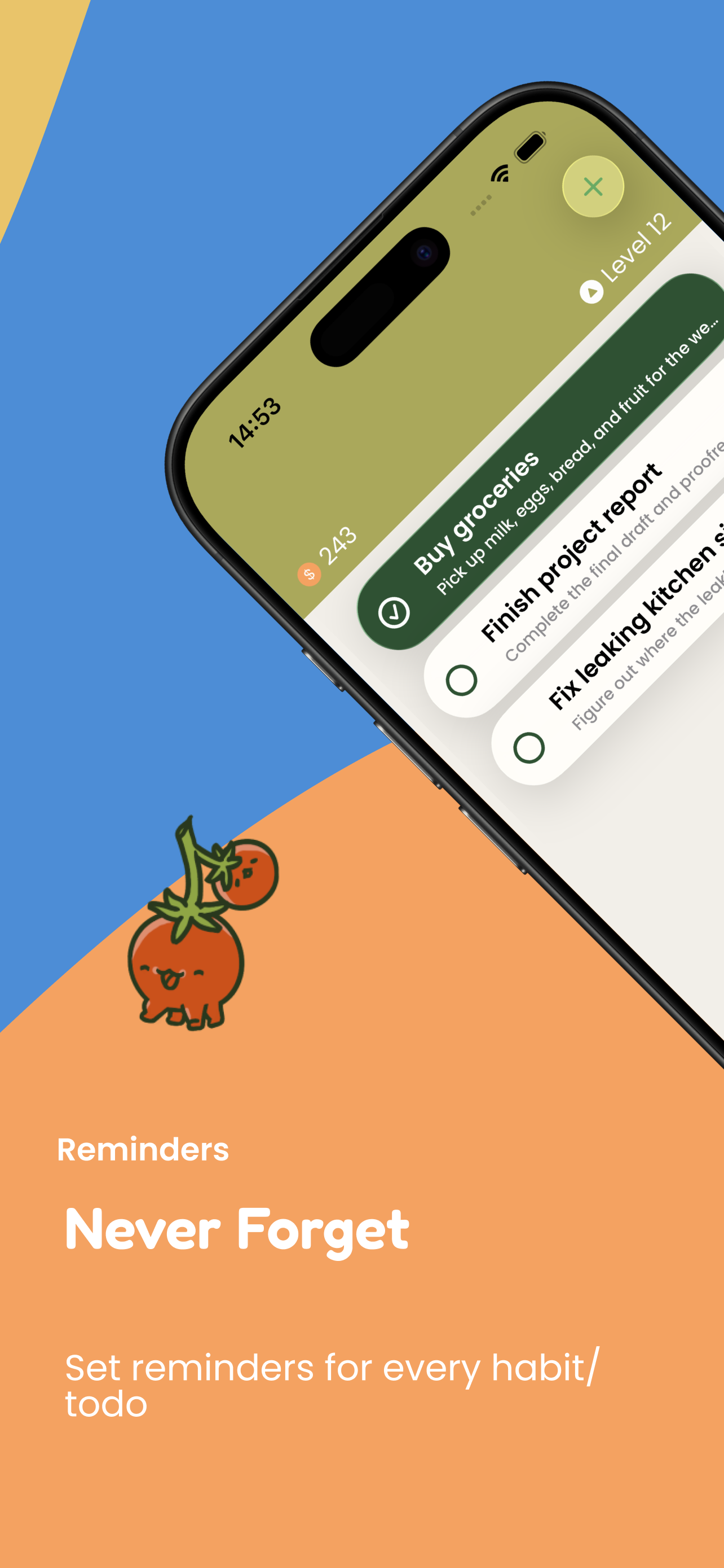 Habitanics reminders screen — never forget a habit or todo
